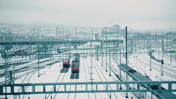 Trains and Railroad Tracks in Snow in Zurich Switzerland