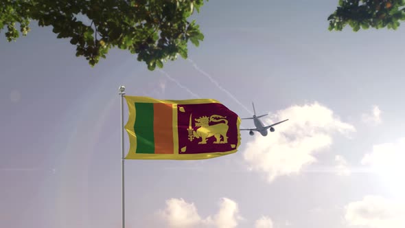Sri Lanka Flag With Airplane And City