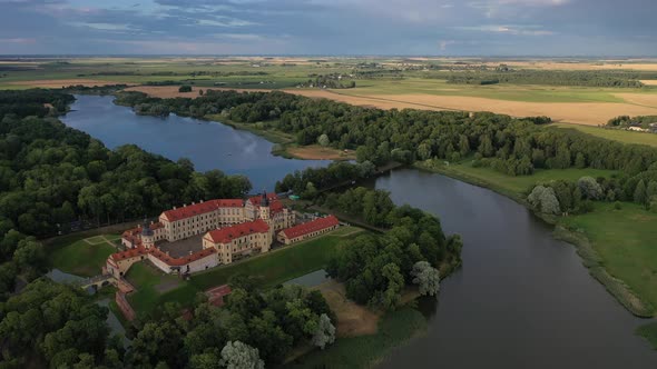 Flying Over the Nesvizh Castle, the Park Around the Castle and the Lake, Aerial Video of Nesvizh