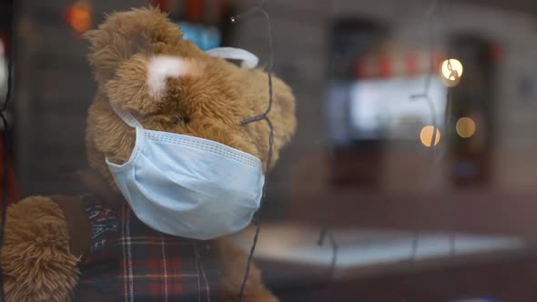 Close View Christmas Teddy Bear Wears Medical Face Mask