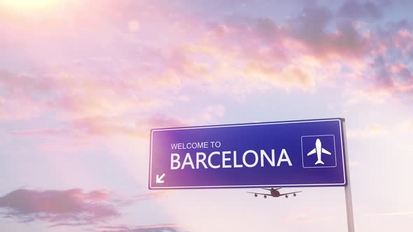 Barcelona City Sign Plane Landing in Daylight