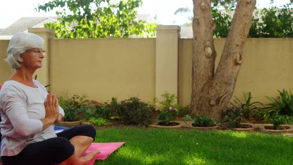 Senior friends performing yoga in garden 4k