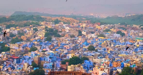 Houses of Famous Jodhpur the Blue City, View From Mehrangarh Fort, Rajasthan, India. Camera Zoom in