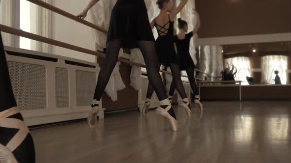 Young Ballerinas Engaged in the Dance Hall. Young Ballerinas Stand on Their Toes in the Dance Hall