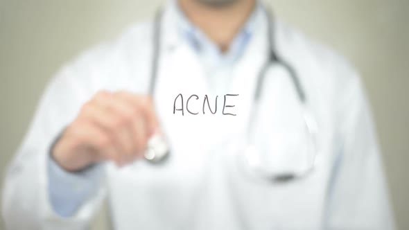 Acne, Doctor Writing on Transparent Screen