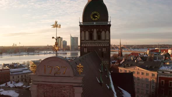 Riga Dome Cathedral during winter sunset.