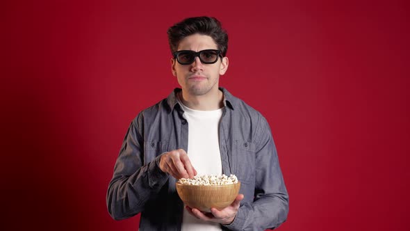 Young Man in 3d Glasses Watching Fascinating Comedy or Horror Movie 