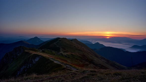 Sunrise in the mountainous wild landscape