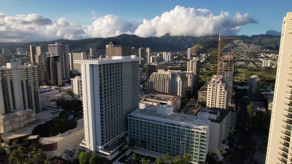 Honolulu Aerial Push In Through Buildings