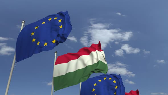 Row of Waving Flags of Hungary and the EU