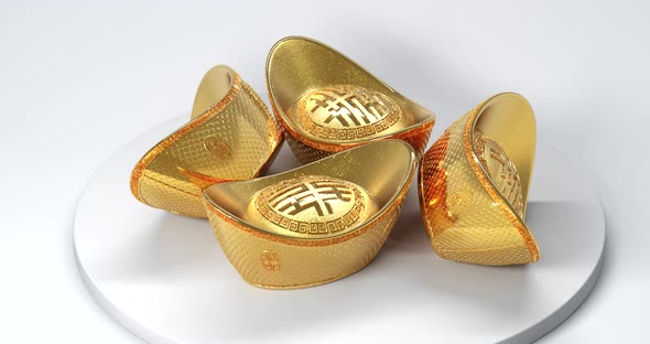 Chinese Golden Ingots are Spinning on a Stand on a White Background Seamless Loop 3d Render alt