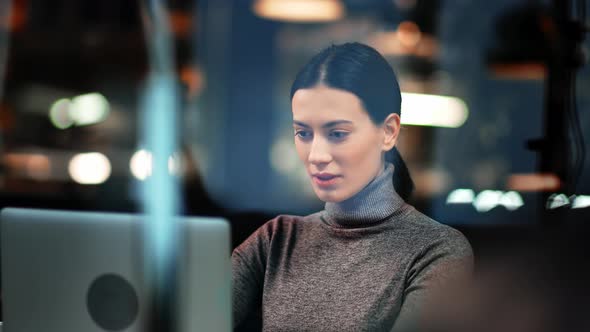 Busy Freelancer Woman Working Remotely Use Laptop Pc at Night Cafeteria