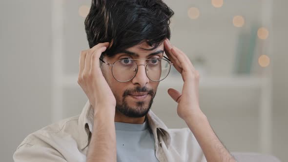 Closeup Arabic Man Bearded Guy with Glasses Feels Stress Overwork Cranial Pressure Massages Weight