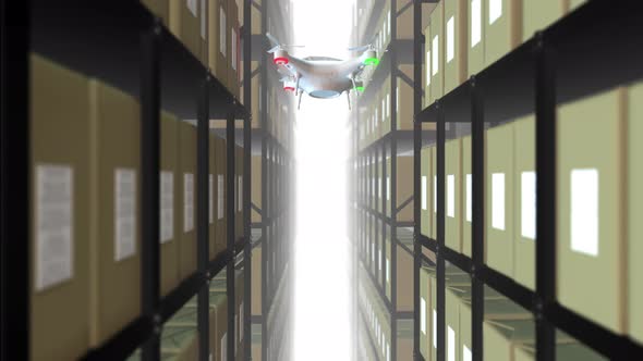 warehouse drone scanning QR codes on boxes on metal shelf