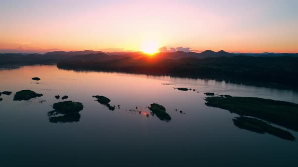 4K Flight Through Landscape River. Sunset landscape