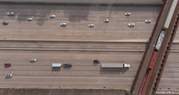 Birds eye view of cars on I-10 freeway in Houston, Texas.