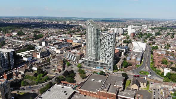 Panoramic aerial view of two tall buildings in Ilford, London on a sunny day