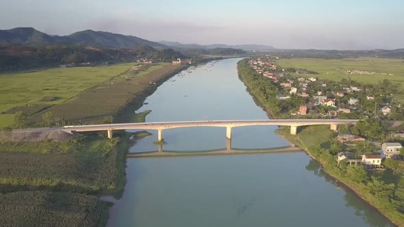 Upper View Nice White Bridge Between Town and Green Fields