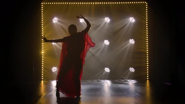 Silhouette a Young Girl Dancer in a Red Sari, Indian Folk Dance, Shot in a Dark Studio with Smoke