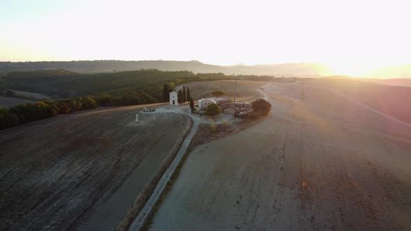 Chapel Vitaleta in Val d'Orcia Rolling Hills Aerial View in Tuscany