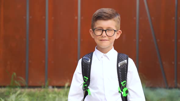 Happy Schoolboy in Uniform with Backpack Standing Near Fence