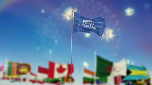 flag of unesco  With World Globe Flags And Fireworks 