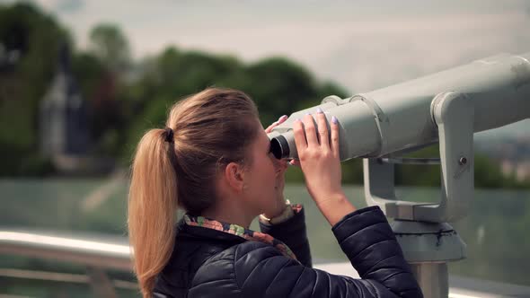 Traveler Woman Discover New City With Tower Optical Viewer. Vacation Holiday Tourism.