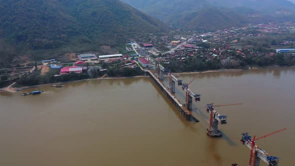 Aerial View Of A New Bridge Across The Mekong River In Luang Prabang