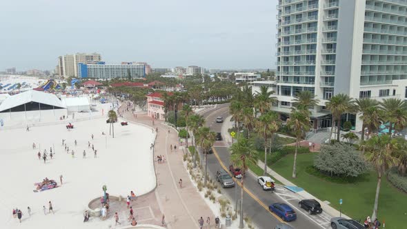 People enjoying spring break in Clearwater beach, Florida. Aerial view