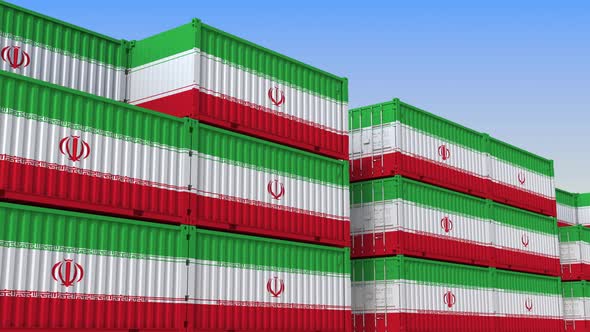 Container Terminal Full of Containers with Flag of Iran