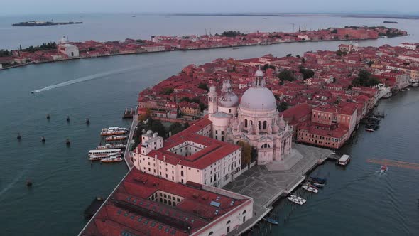 Aerial view of Santa Maria della Salute at sunrise in Venice, Italy