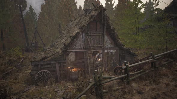 Old Rural Abandoned Wooden Village Under Cloudy Sky in Autumn Season alt