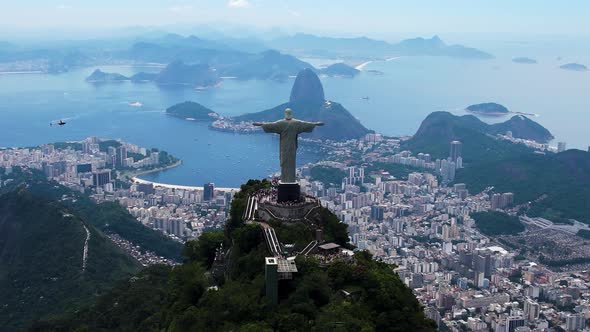 Helicopter flying around Christ the Redeemer at Rio de Janeiro Brazil.