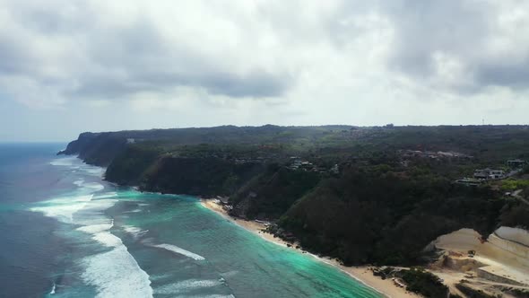 Aerial above scenery of luxury coast beach trip by blue lagoon with white sandy background of a dayo