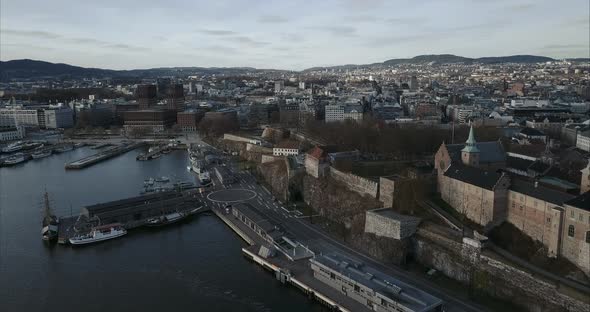 Aerial shot of Oslo Harbour and Akershus Festning, Norway