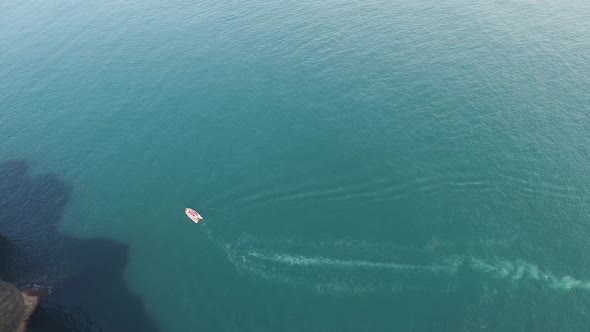 Aerial View Of Floating Speed Boat At Jeju Island In South Korea