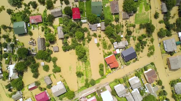 Aerial view of flooded houses with dirty water of Dnister river in Halych town, western Ukraine.