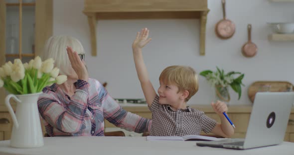 60s Grandmother Making Online Homework with Preschool Grandson at Home. Senior Woman in Glasses and