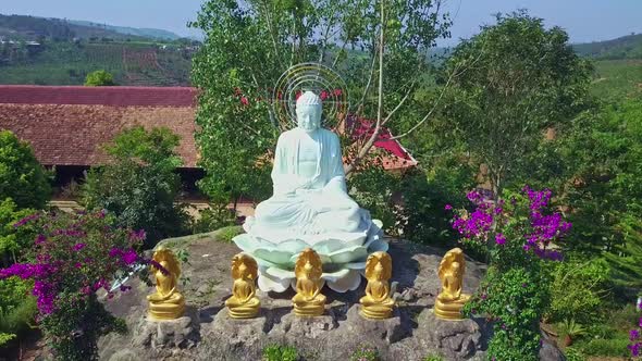 Marble Buddha Statue Among Flowers in Park Against Sky