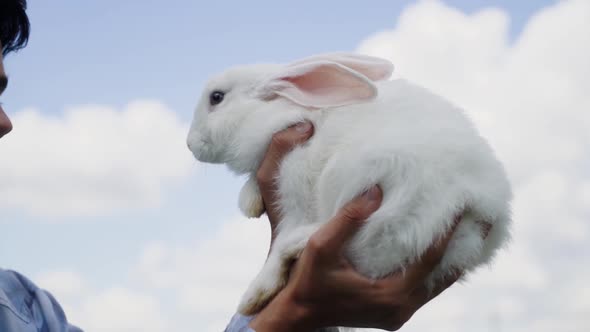 Young Boy of Caucasian Ethnicity Blue Checkered Shirt Holds a Cute Fluffy Domestic White Rabbit in