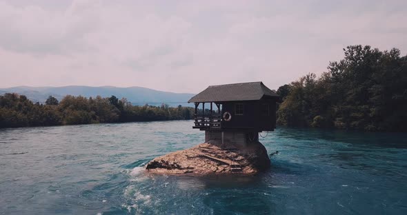 A House On A Rock On The Drina River In Serbia