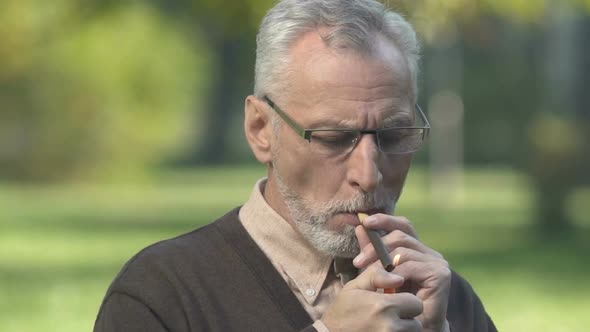 Grey-Bearded Man Inhaling Cigar Smoke Sitting in Park Enjoying Taste and Aroma