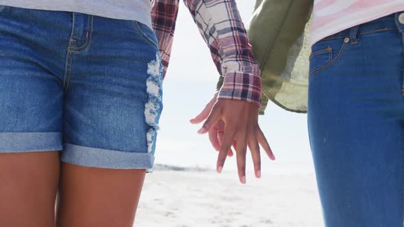 Midsection of diverse female gay couple holding hands walking along beach
