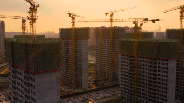 Aerial of construction site at sunset