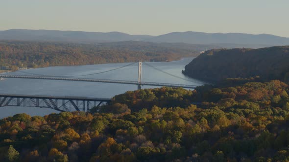Low angle view of walkway and Mid-Hudson Bridge over Hudson river