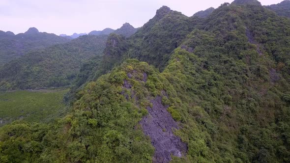 Limestone mountains on the island of Cat Ba Vietnam with Karst landscape, Aerial tilt down approach