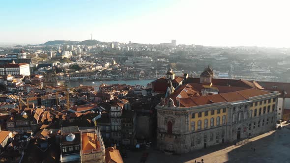 Downtown historical city centre of Oporto and Douro River. Aerial view. Porto, Portugal