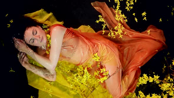 Beautiful Woman in Indian Sari is Lying in Water of Lake or River Yellow Flowers Around Her Body