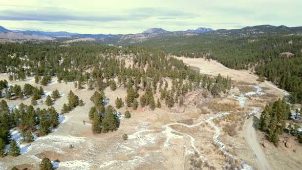 Aerial view of Pikes National Forest in the Winter.