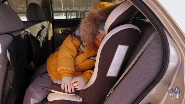 A Small Boy in a Warm Winter Jacket with a Hood with Fur Sits in a Car Seat